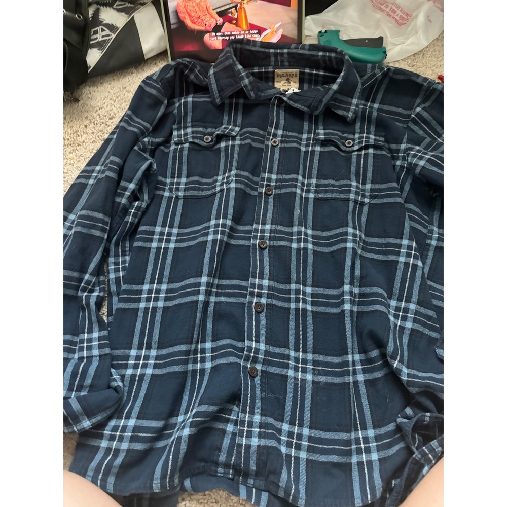Flannel Plaid Shirt Navy Blue Oversized Button Down Red Head XL Workwear Grunge